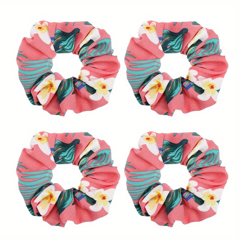4pcs Boho Print Leaf Flower Hair Scrunchies Soft Fabric for Women Girls