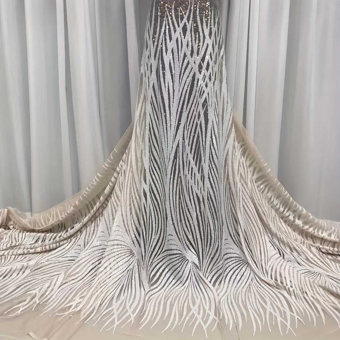 5 Yards Polyester Sequins Embroidery Stripes Lace Fabric for Evening Dress