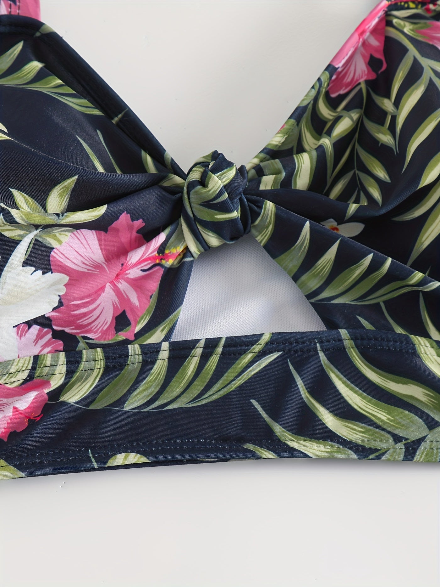  Tropical Print Bow Front V Neck High Stretch Bikini Top