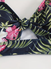  Tropical Print Bow Front V Neck High Stretch Bikini Top