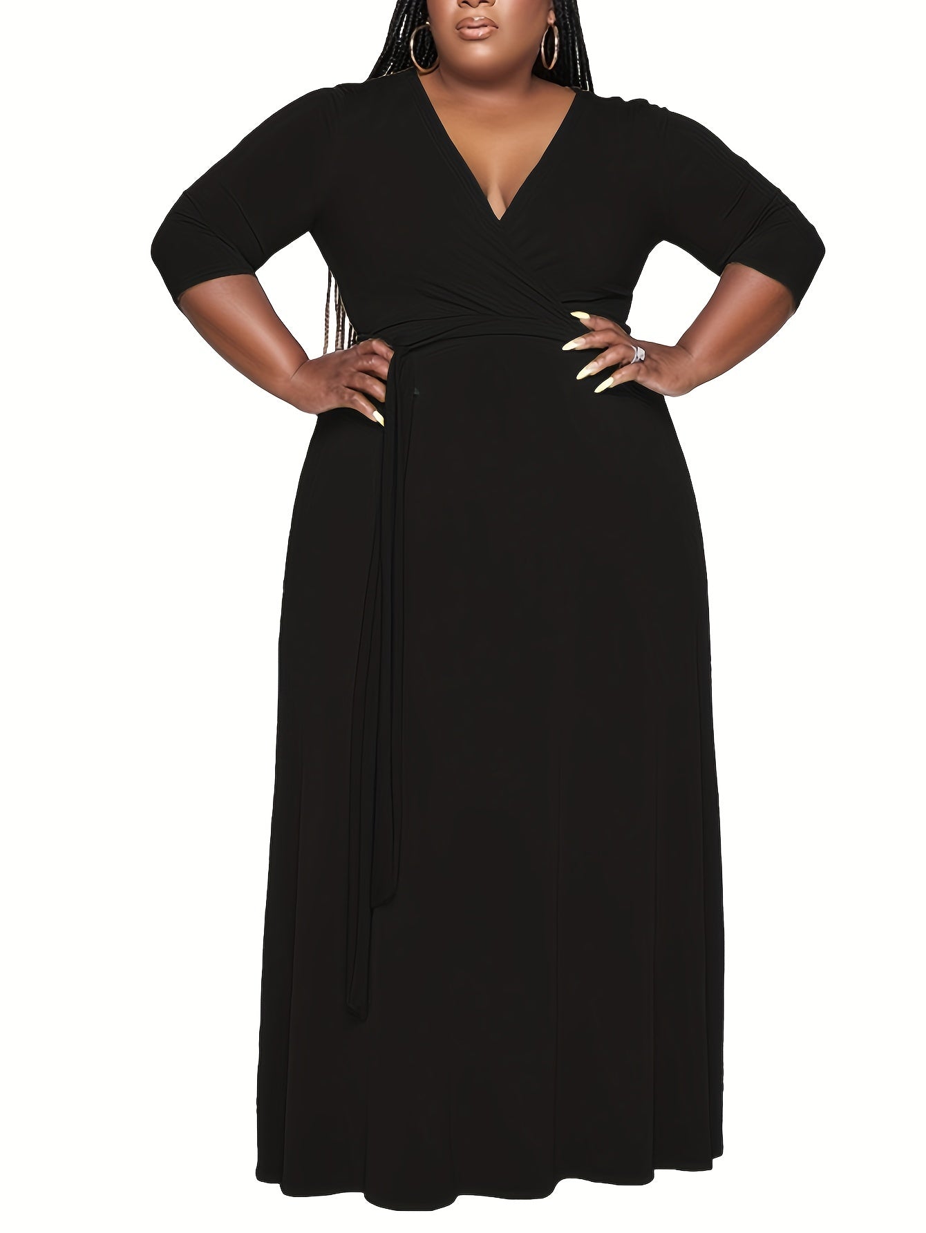 Women's Plus Solid Half Sleeve Maxi Dress With Belt