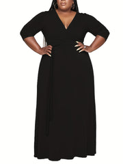 Women's Plus Solid Half Sleeve Maxi Dress With Belt