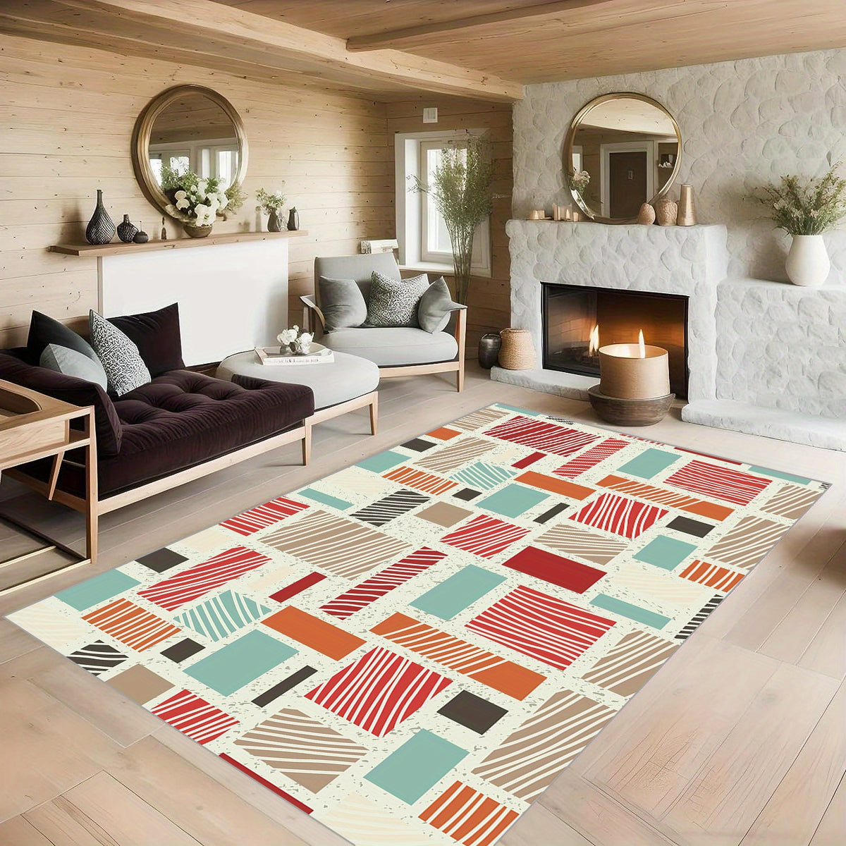 Soft Geometric Area Rug Washable Non Slip Backing Low Pile Non Shed