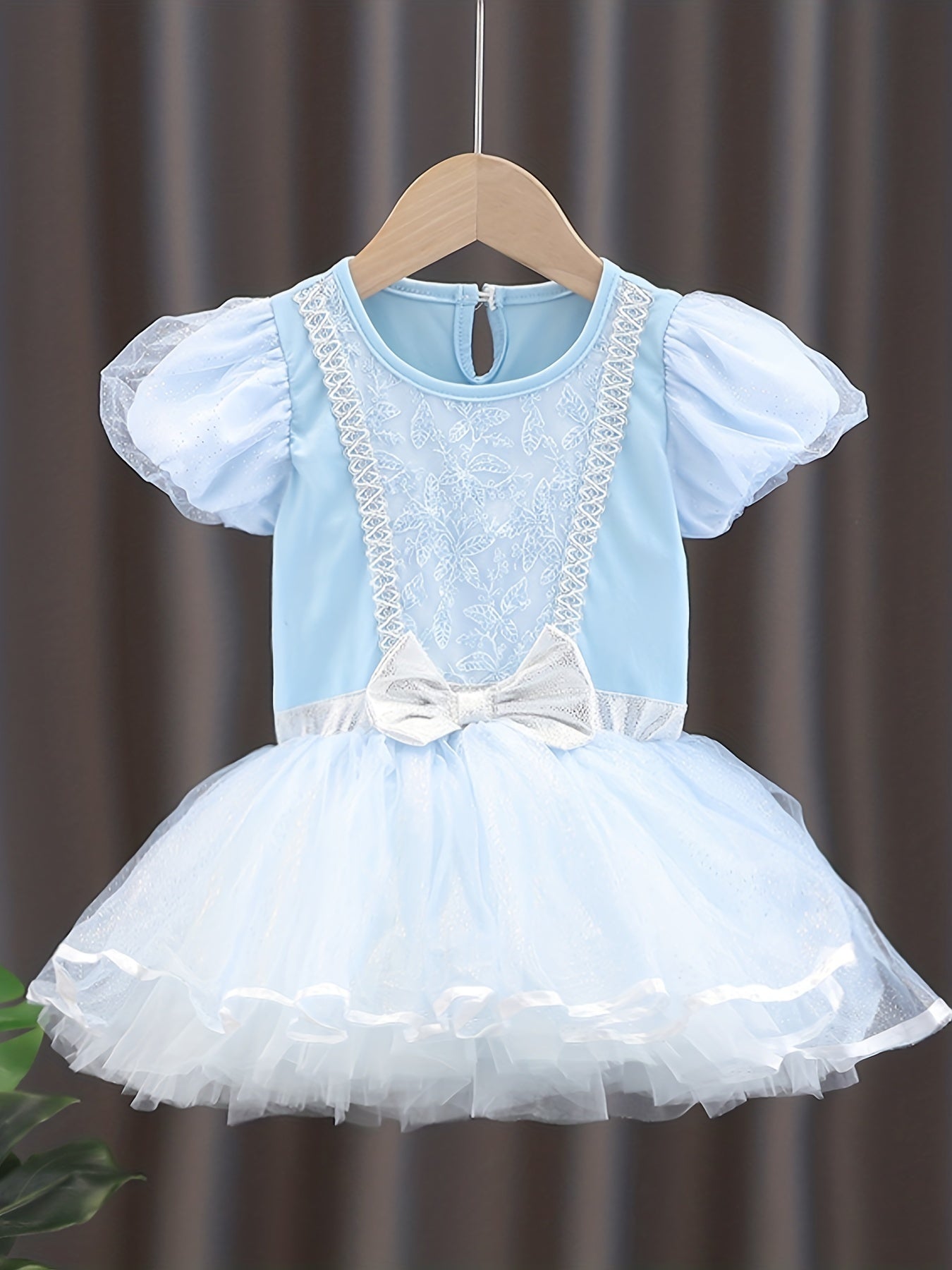 Girls Floral Embroidery Tulle Tutu Mesh Ruffled Sleeve Dance Dress