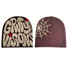 Unisex Reversible Spider Web Letter Jacquard Beanie Y2K Knit Hat