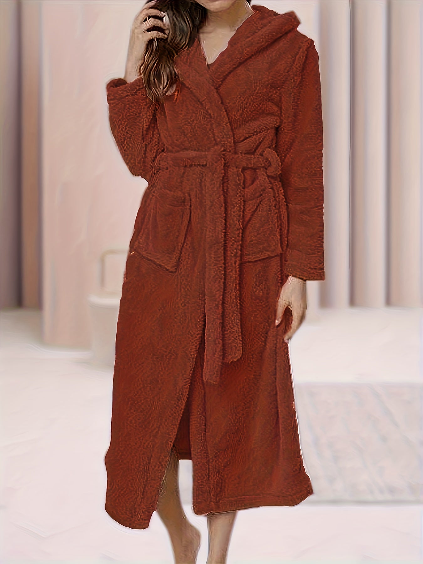  Hooded Fleece Sleepwear Robe with Belt & Pockets