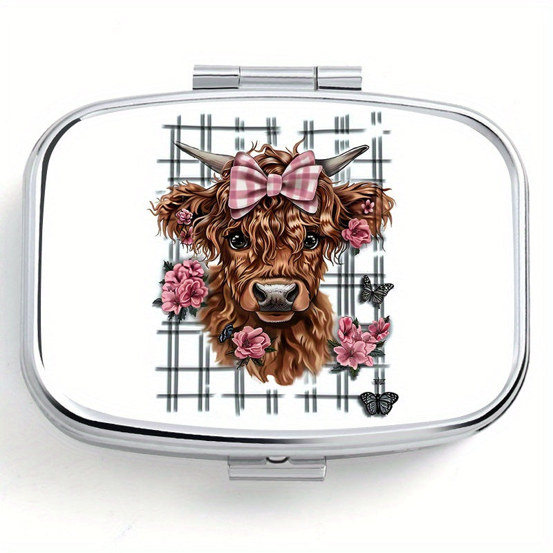 Highland Cow Pattern Two Compartment Pill Box - Portable Medicine Box