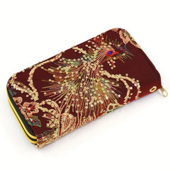 Women's Embroidery Wallet Peacock Print Clutch Layered Phone Bag