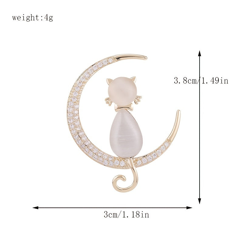 Cat Brooches Crystal Moon Stone Animal Pin