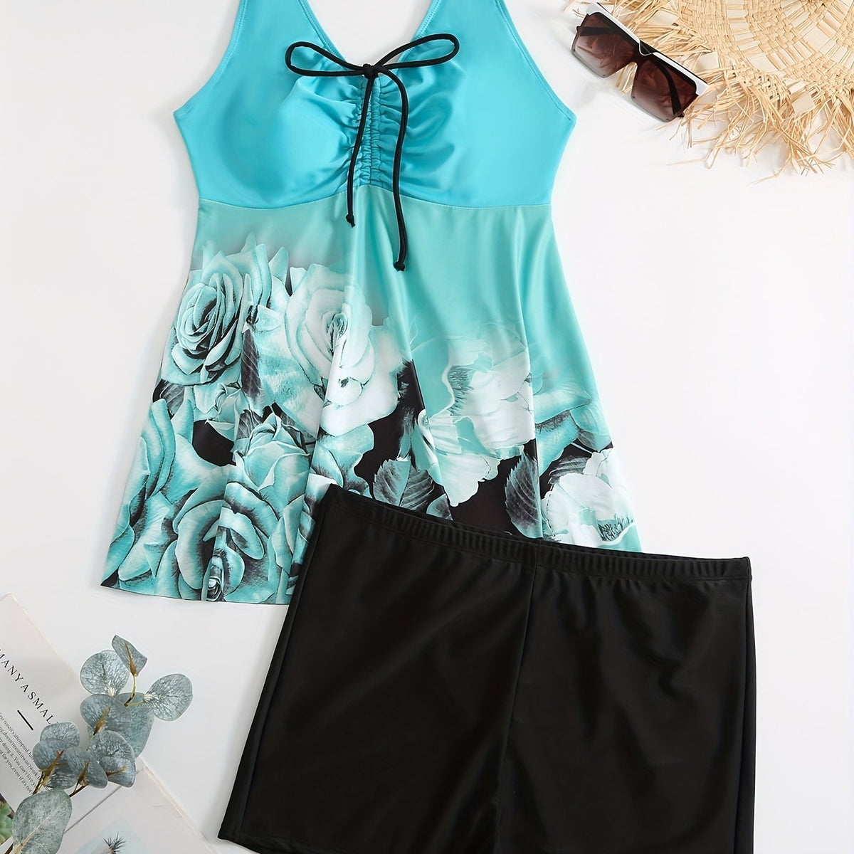  Rose Print Tankini Set Women's Plus Swimsuits Two Piece Set