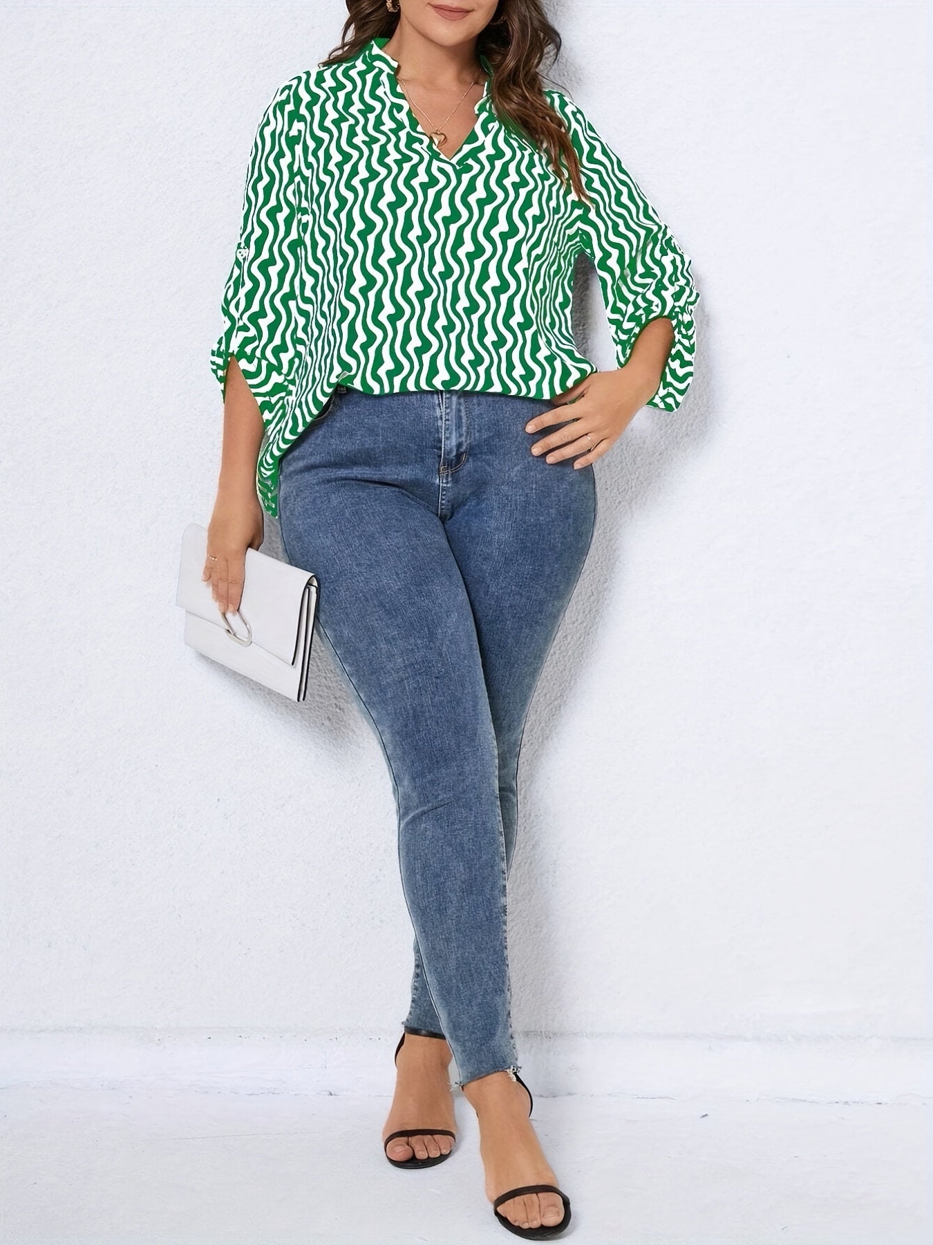  Casual Blouse Women's Plus Allover Print Long Sleeve
