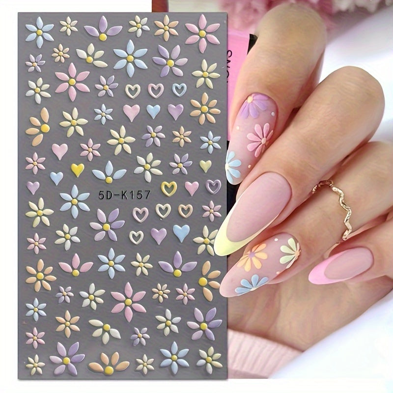 5D Embossed Flower & Heart Nail Stickers Colorful Spring Nail Art Decals