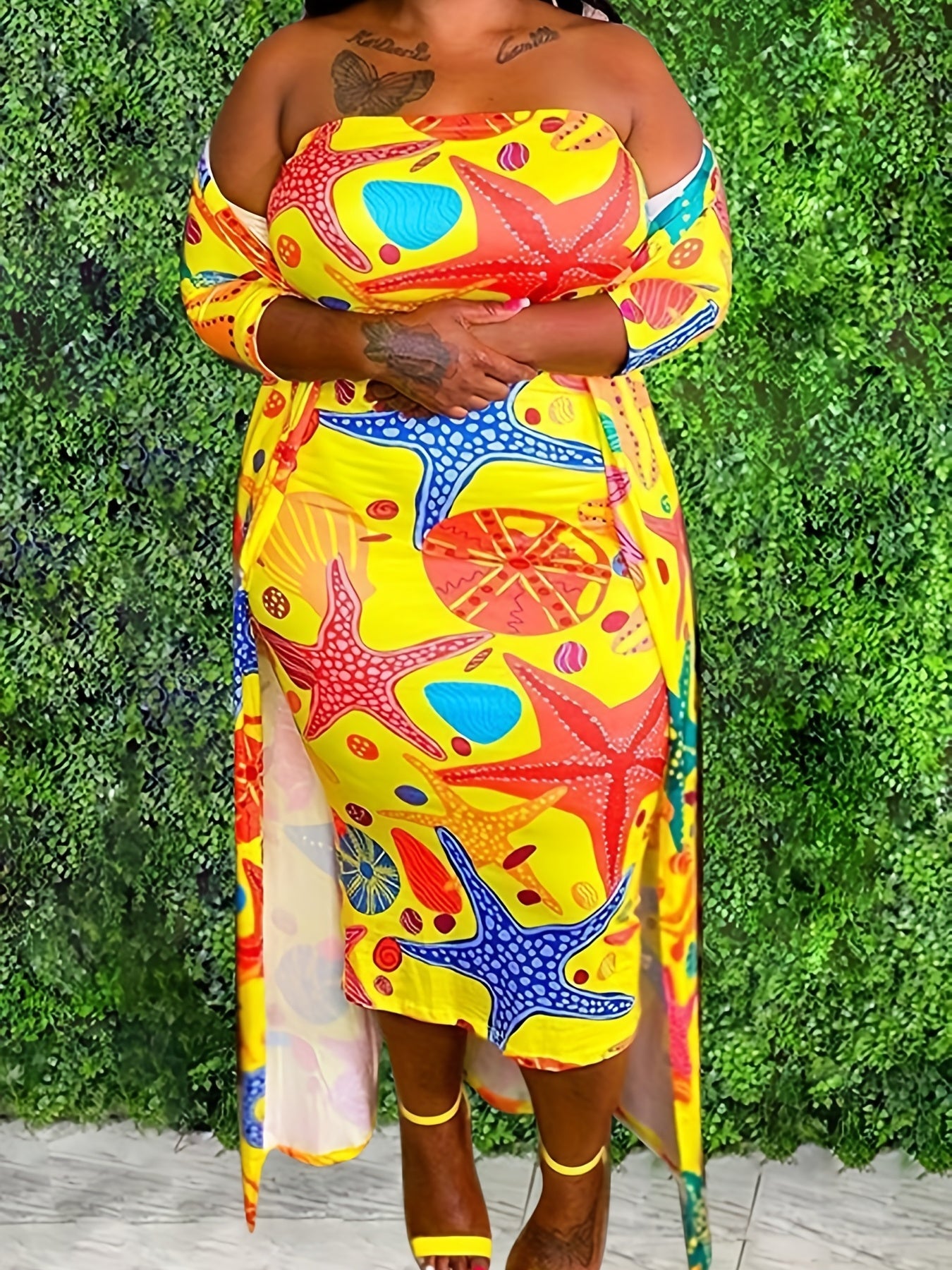  Graphic Print Tube Dress & Cardigan Set