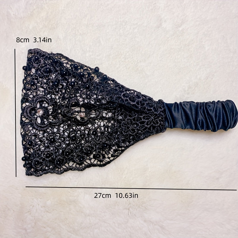 Floral Lace Hair Band Retro Wide Mesh Headdress Headwear Rhinestone Decor