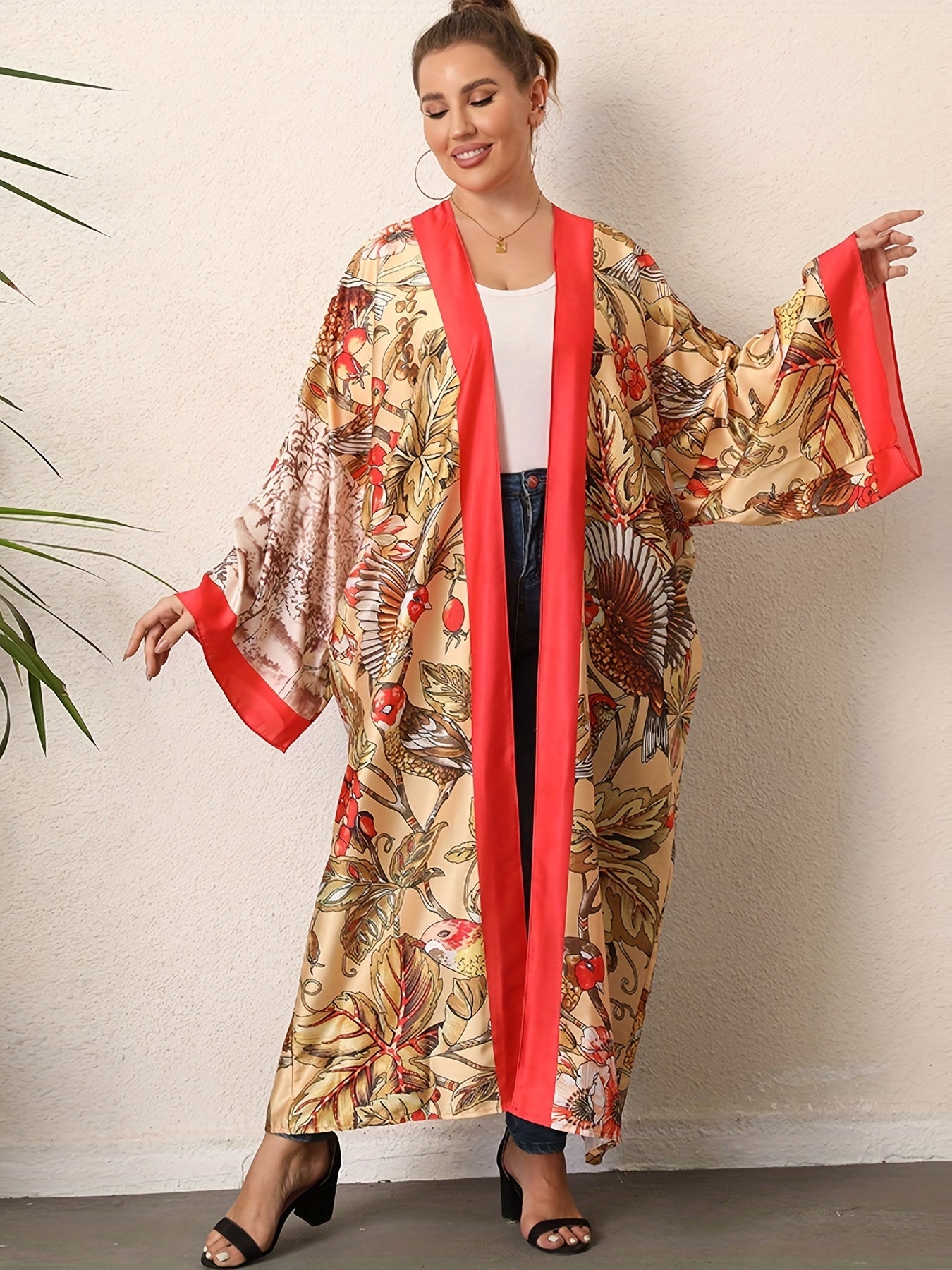  Boho Kimono Tropical Print Long Sleeve Beach Cover Up