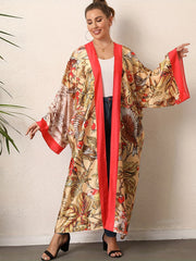  Boho Kimono Tropical Print Long Sleeve Beach Cover Up