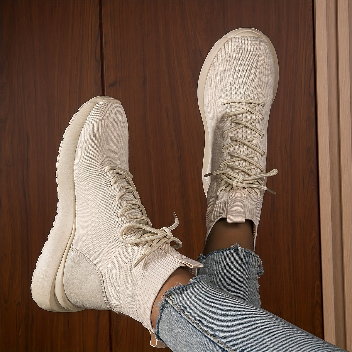 Women's Stretch Sneaker Boots Lace Up Flat High Top Sock Shoes