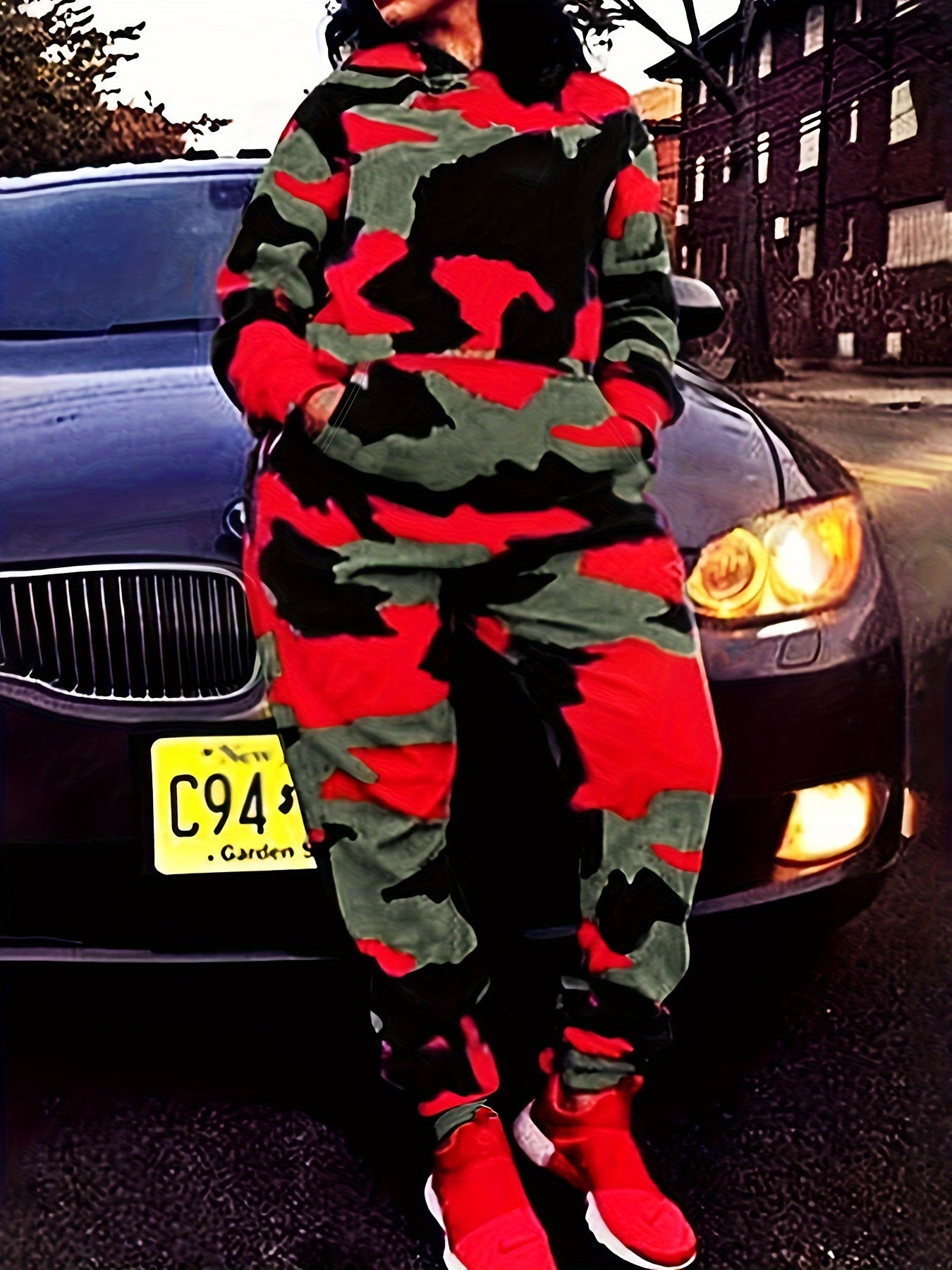 Women's Plus Camo Print Hoodie & Joggers Set