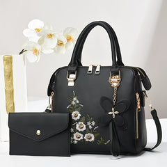 Women's Floral Embroidered Handbag Set with Clutch