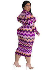 Geometric Print Turn Down Collar Bodycon Dress Plus Size