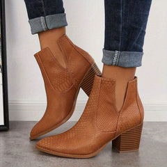 Women's Snakeskin Ankle Boots V cut Stacked Heels