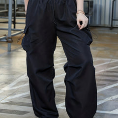  Solid Elastic Drawstring High Rise Cargo Pants