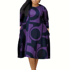 Plus Geometric Print Long Sleeve Round Neck Dress With Pockets