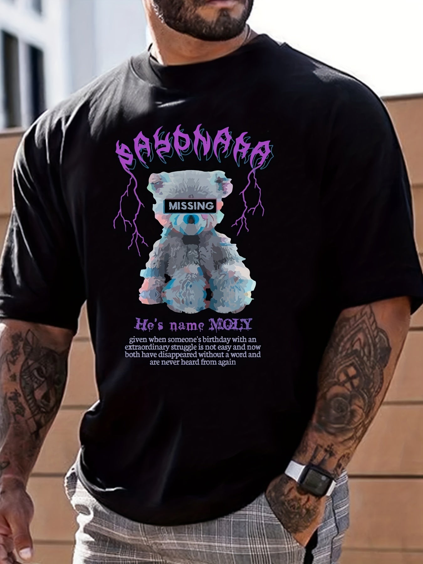 Teddy Bear Print Men's Graphic Crew Neck T-shirt Casual Comfy Tees