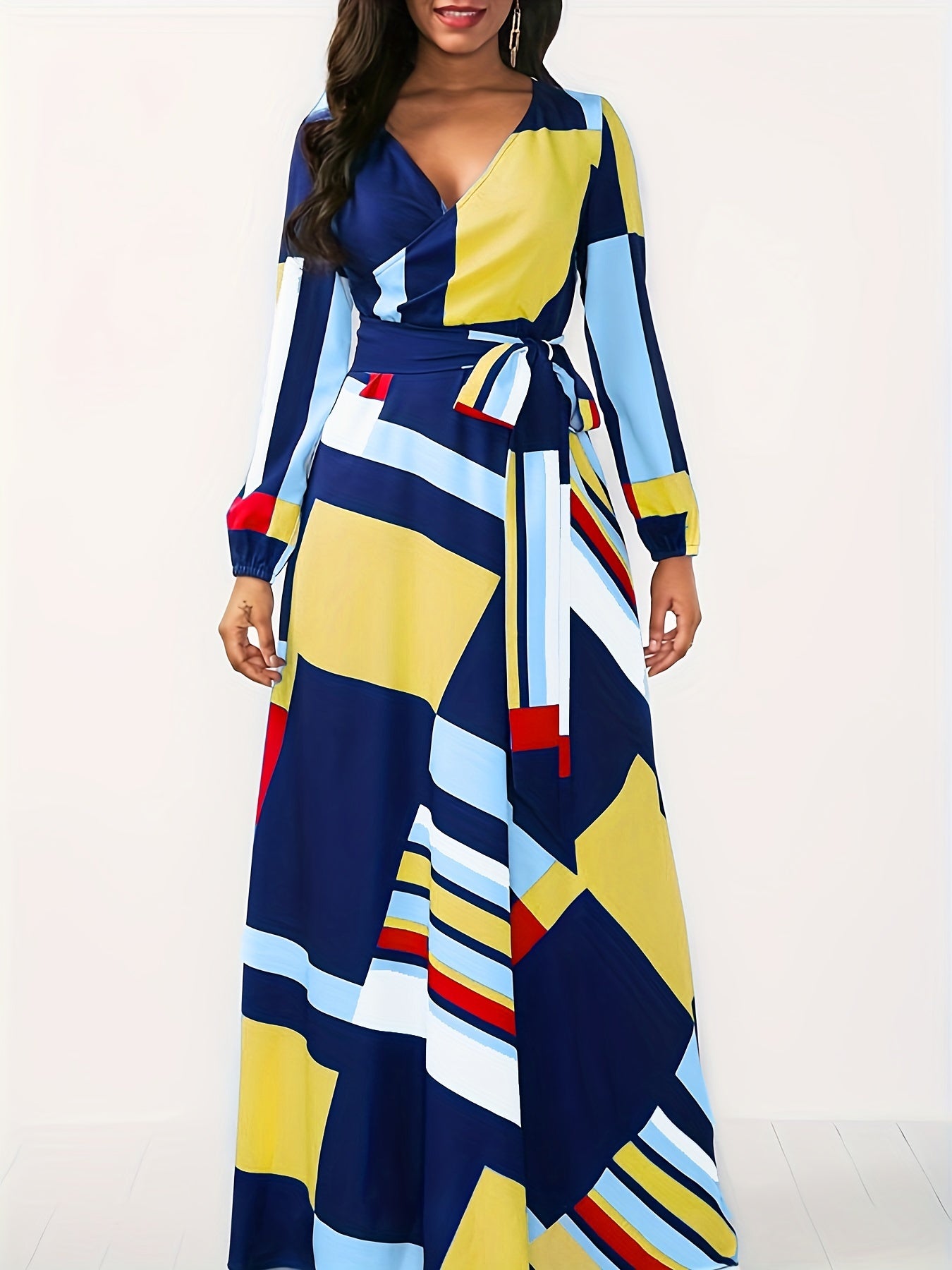  Sexy Dress Random Geometric Print V Neck Wrap Dress