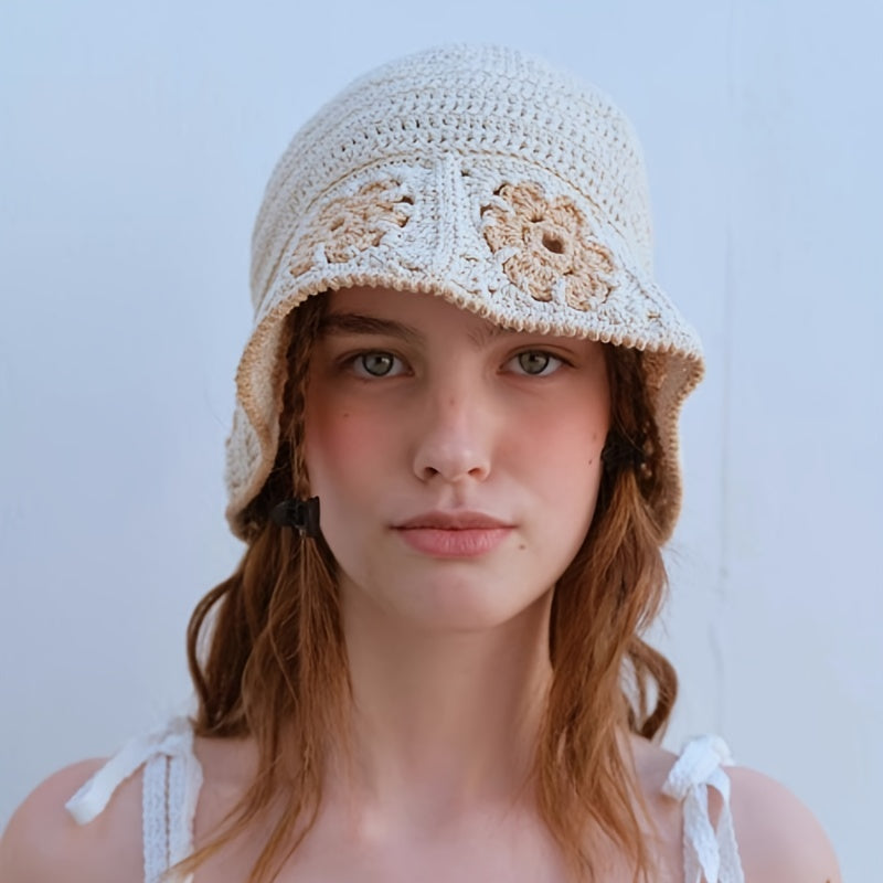 Flower Crochet Bucket Hat Thin Beanie Lightweight Block Cl