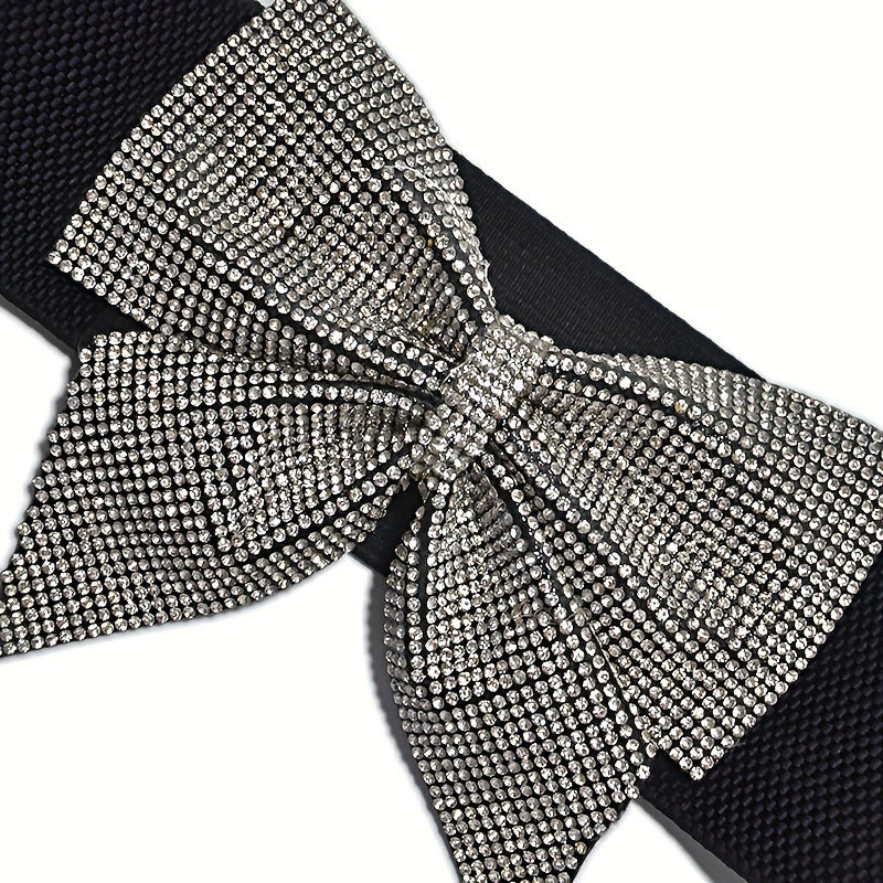 Rhinestone Bow Wide Belt Elastic Waistband Dress Girdle For Women