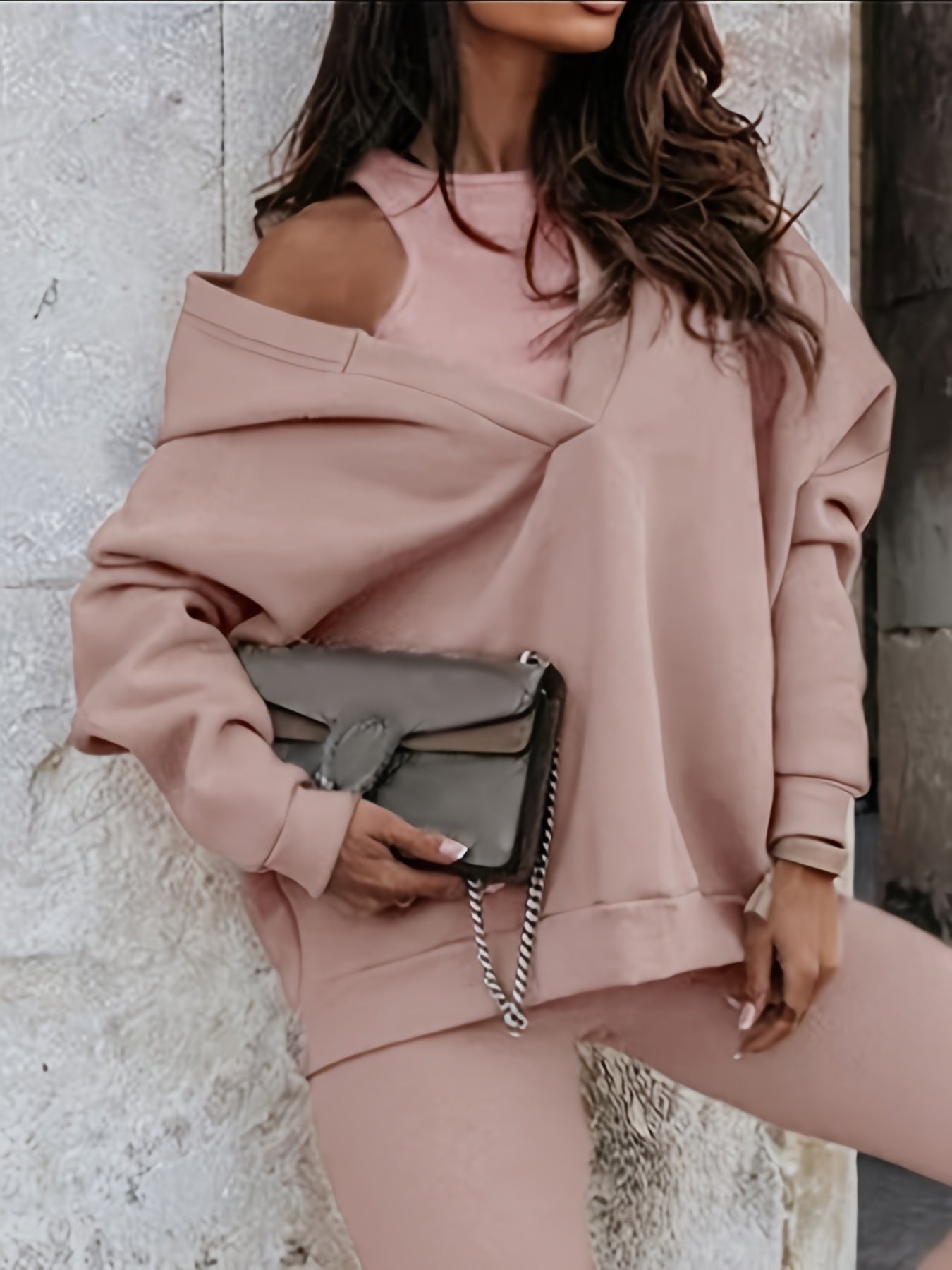  Solid Long Sleeve Hooded Sweatshirt & Round Neck Crop Tank Top Set