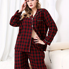  Plaid Print Pajamas Set - Long Sleeve Button Up Shirt & Pants