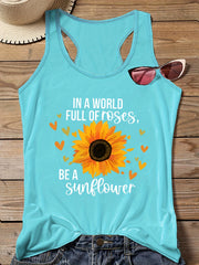  Sunflower Print Round Neck Vest Top