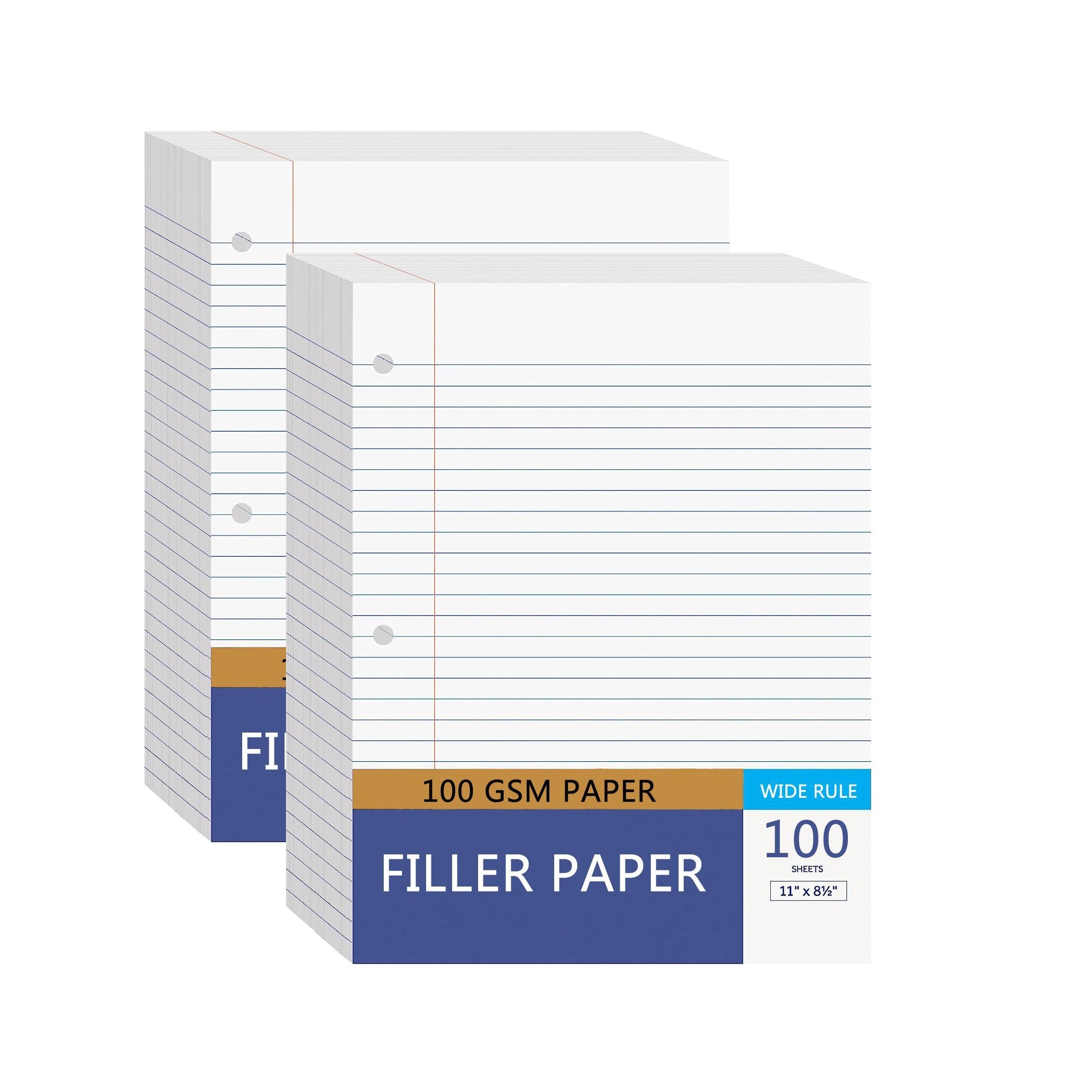 College Rule Filler Paper, 8.5x11, 3 Hole Punched, 100 Sheets/Pack