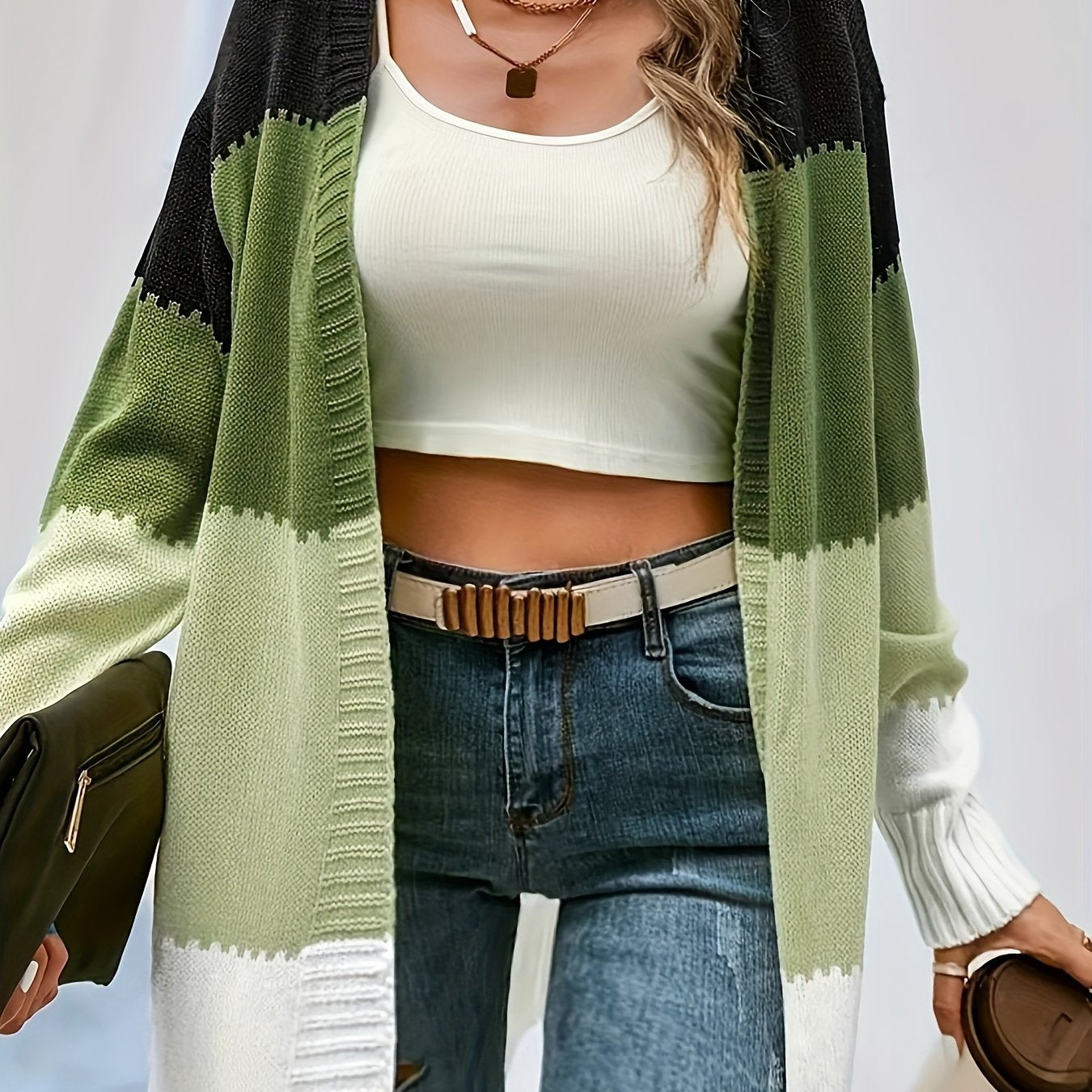  Colorblock Open Front Cardigan