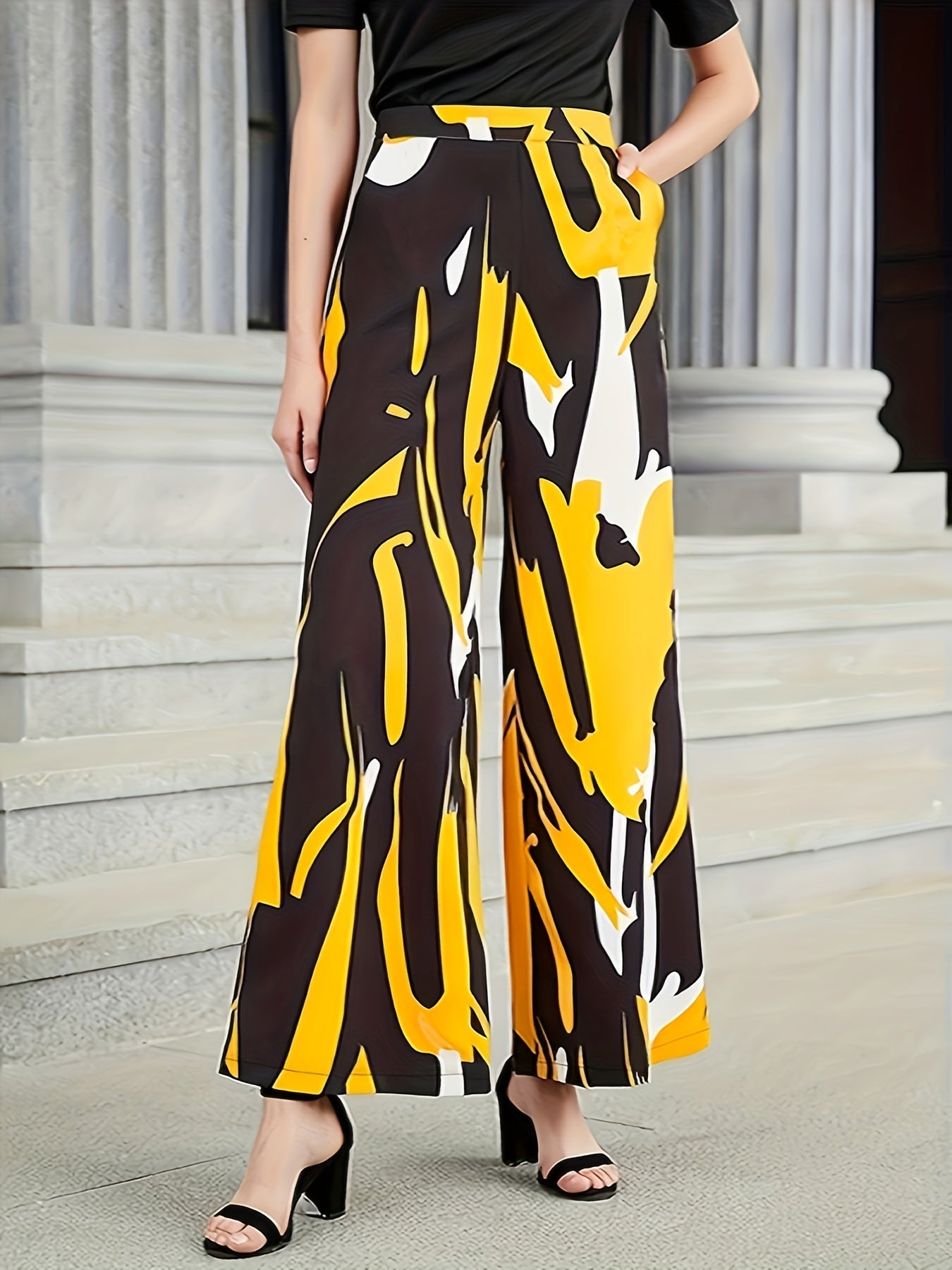  Abstract Print Wide Leg Trousers With Pockets