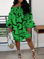  Off Shoulder Ruffle Sleeve Geometric Print Midi Dress