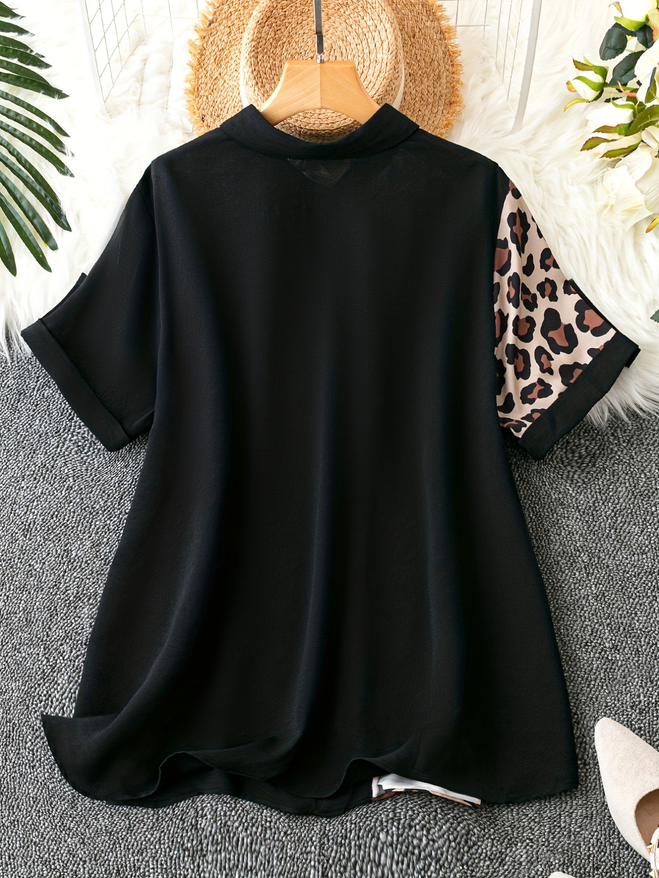  Colorblock Leopard Print Button Up Blouse