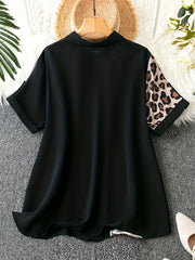  Colorblock Leopard Print Button Up Blouse