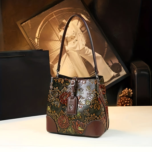 Vintage Floral Embroidery Coffee Bucket Bag for Women