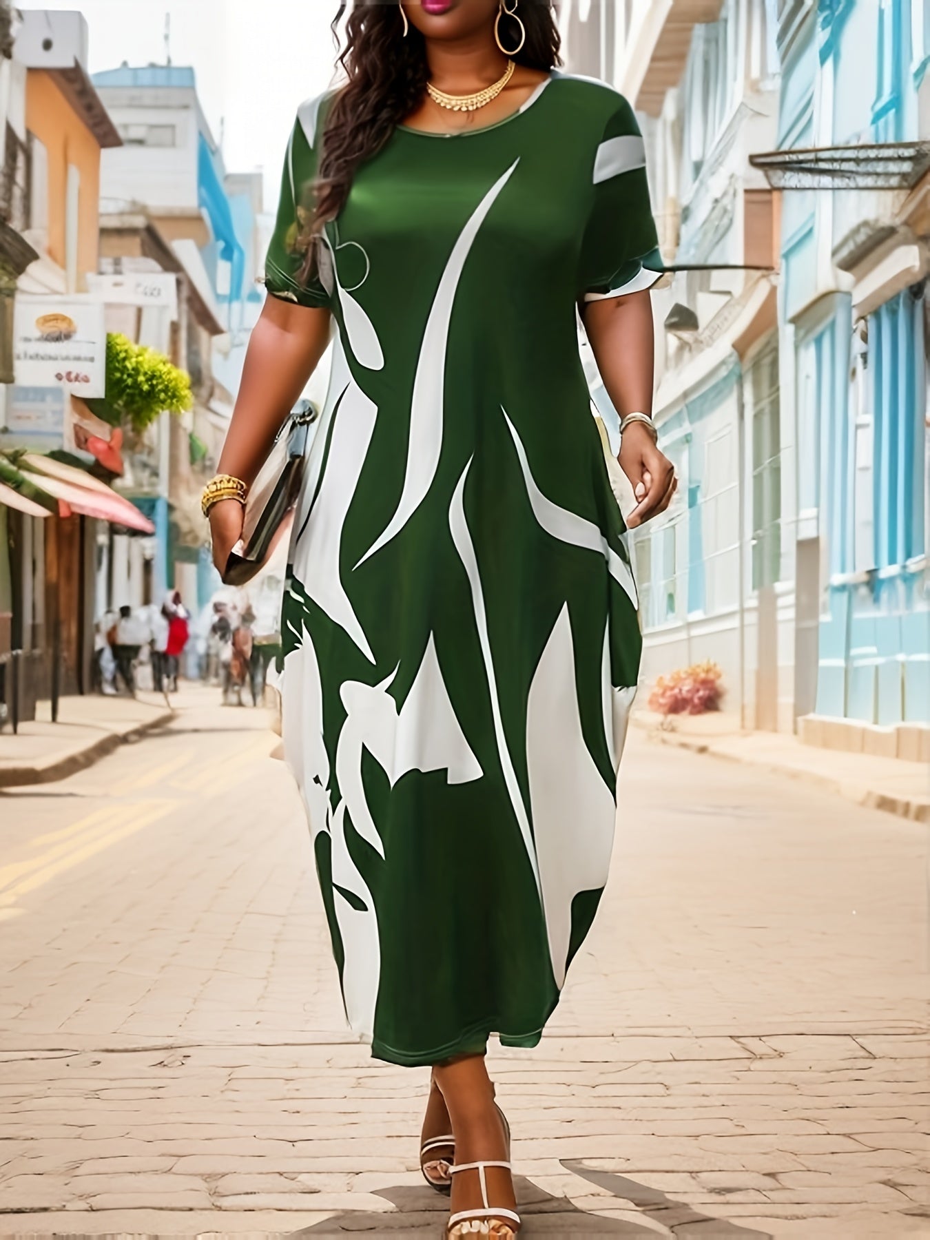  Abstract Print Short Sleeve Round Neck Baggy Dress