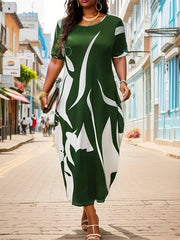  Abstract Print Short Sleeve Round Neck Baggy Dress