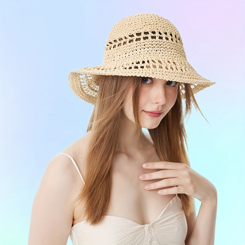 Apricot Sun Hat Wide Brim Straw Bucket Hat Lightweight Breathable for Women