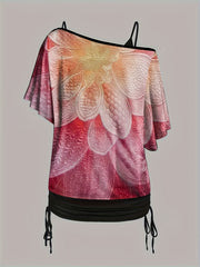  Floral Print One Shoulder & Solid V Neck Cami Top Set
