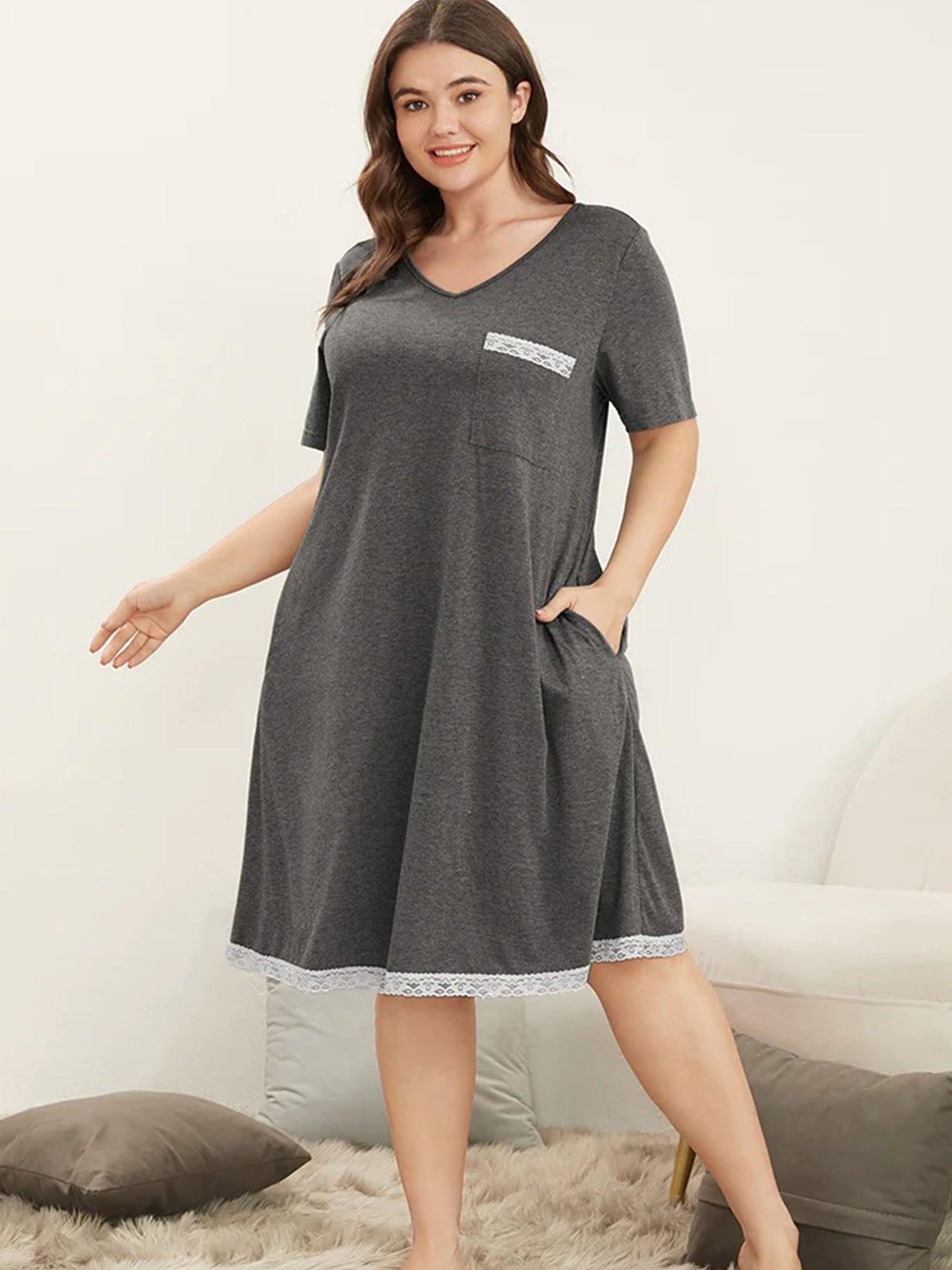  Lace Trim V Neck Short Sleeve Dress