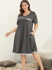  Lace Trim V Neck Short Sleeve Dress