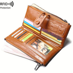 Vintage RFID Blocking Bifold Wallet Large Capacity Coin Purse Zipper Clutch