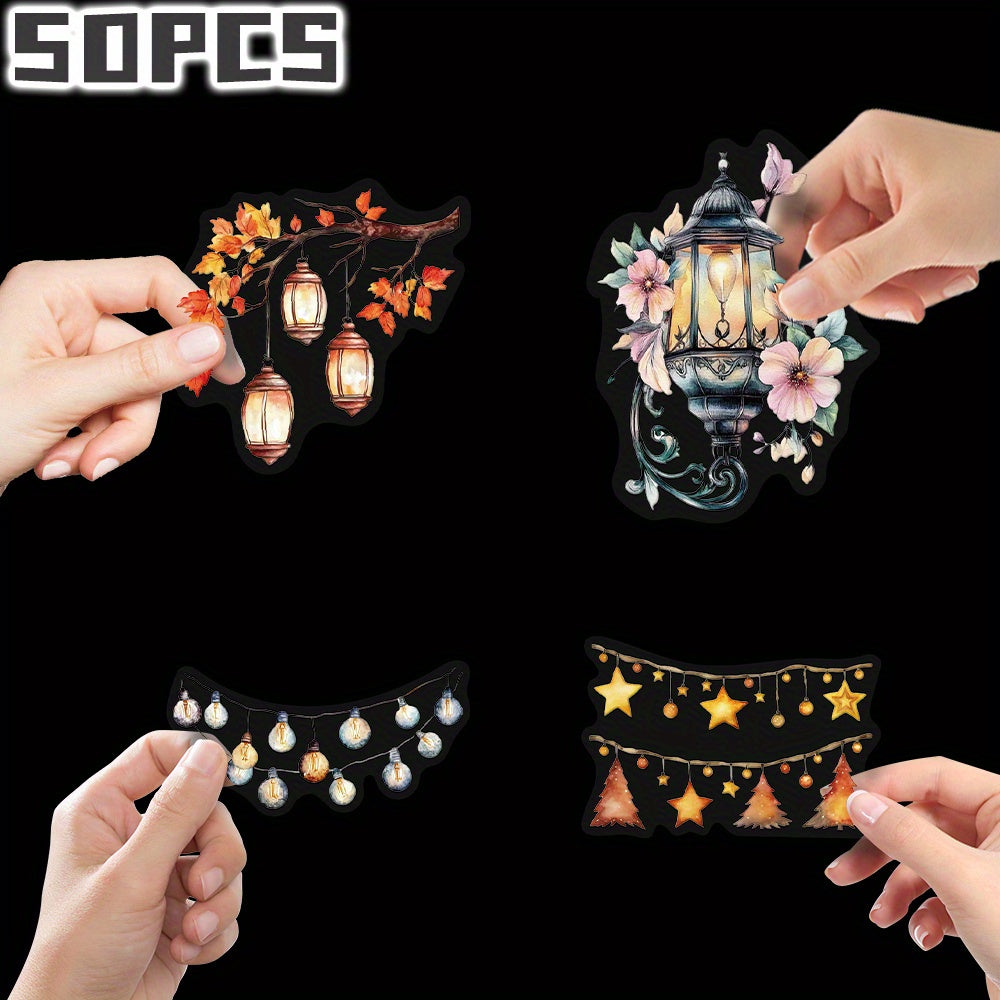 50pcs Lantern Themed Stickers Floral Heart Patterns Decal