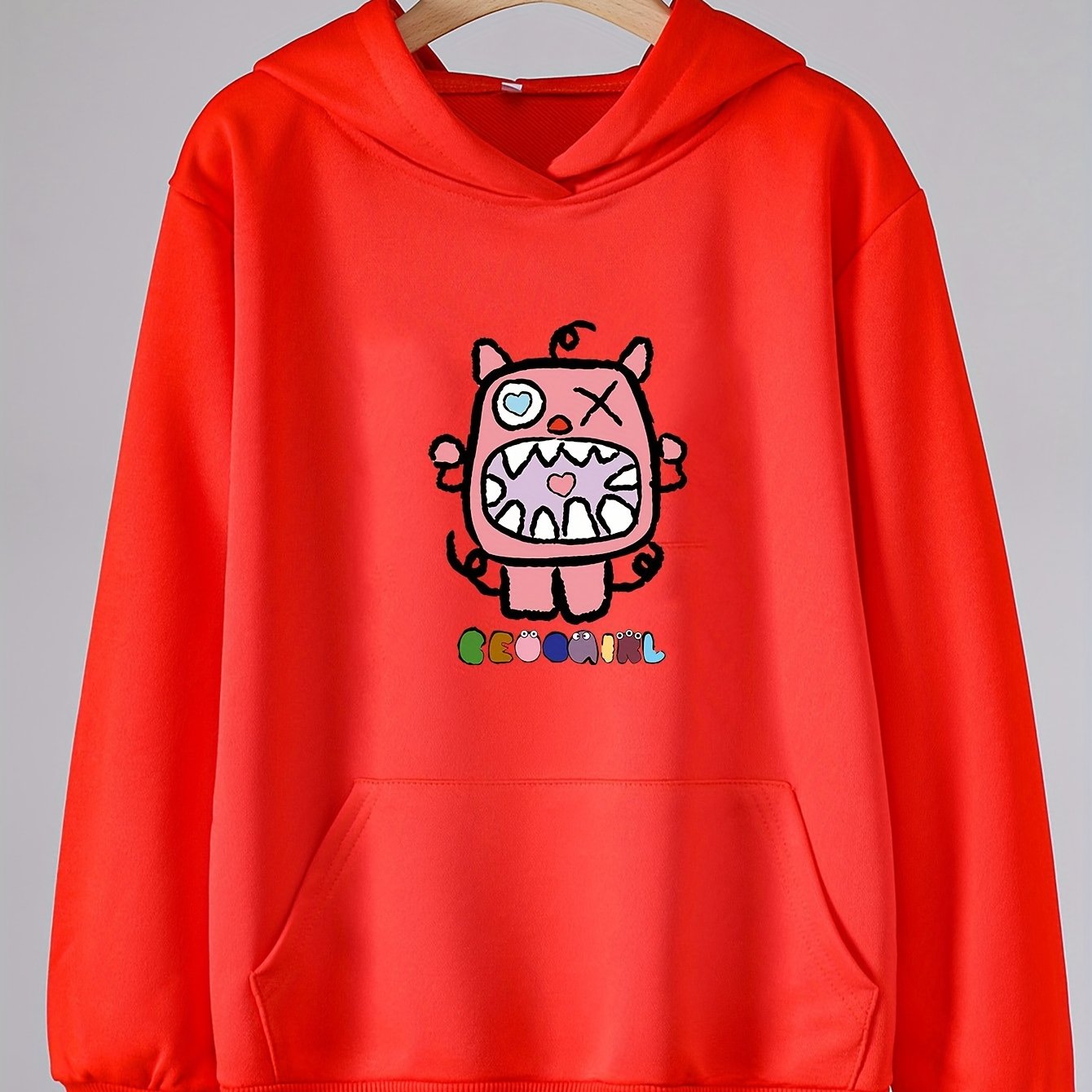Girls Monster Pattern Hooded Sweatshirt Long Sleeve Comfy Pullover